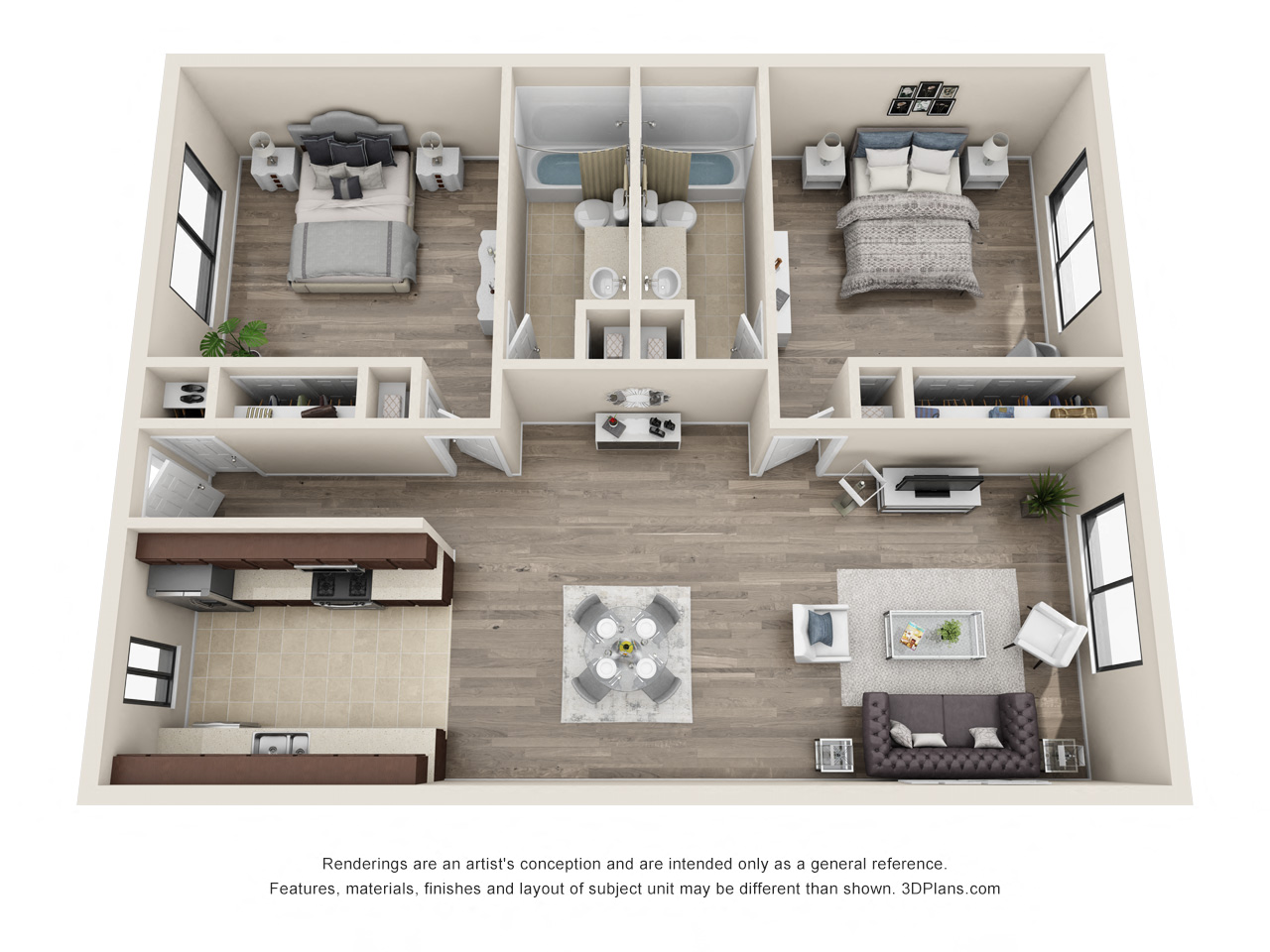 Floor plan for 2 beds, 2 baths, 1008 sqft